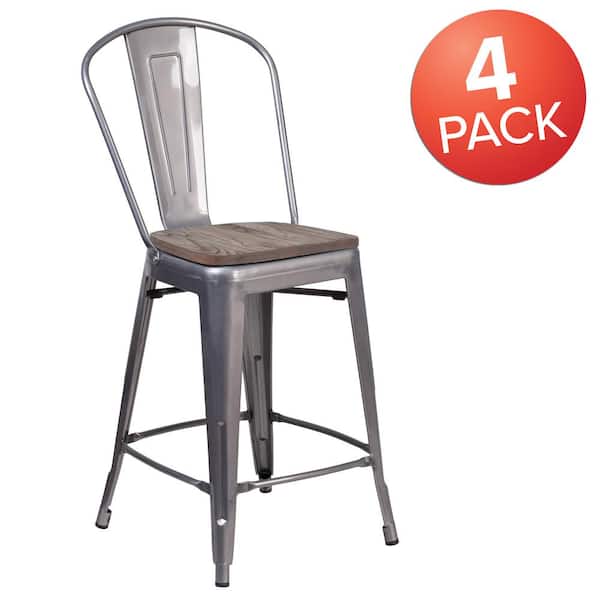 Carnegy Avenue Lincoln 40.5 in H Clear Coated Full Metal Bar Stool with Wood Seat Set of 4 Seat Indoor Counter Height Stool with Back