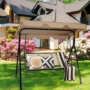 Brown 3-Person Metal Porch Swing with Adjustable Canopy
