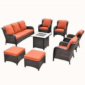 Erie Lake Brown 8-Piece Wicker Outdoor Patio Fire Pit Seating Sofa Set and with Orange Red Cushions