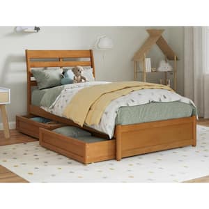 Emelie Light Toffee Natural Bronze Solid Wood Frame Twin Platform Bed with Panel Footboard and Storage Drawers