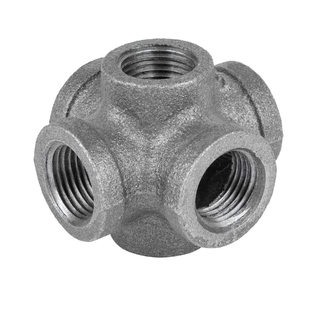 STZ 1/2 in. 6-Way Black Iron Cross Double Outlet Industrial Steel