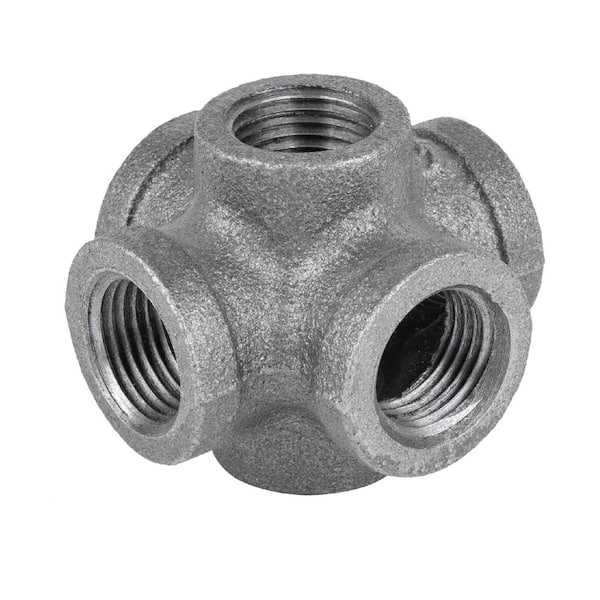 1/2 in. 6-Way Black Iron Cross Double Outlet Industrial Steel Grey