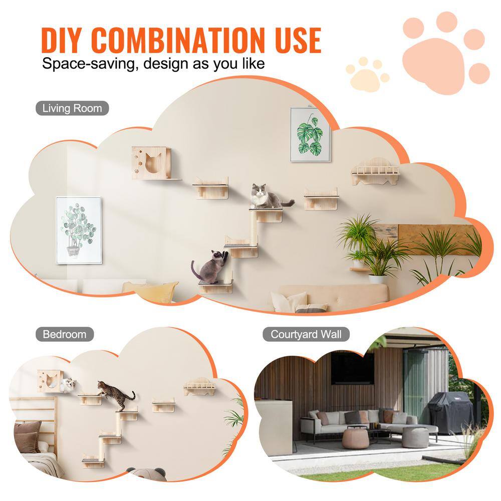 Natural Pine Wood Wall Mounted Cat Playground Set
