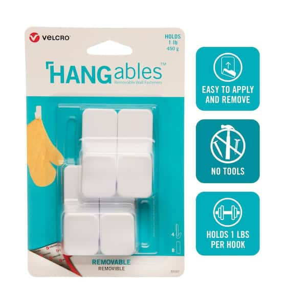 Velcro Brand VEL-30107-USA Hangables Removable Wall Hook, 1 Pound, 4-Hook,  White: Adhesive Picture Hooks (075967301071-1)