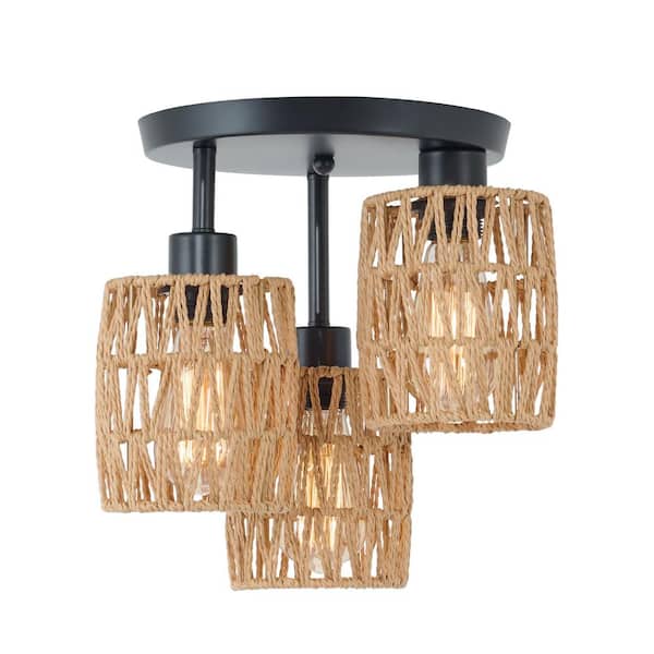 OUKANING 11.81 in. 3-Light Black and Brown Farmhouse Rattan Semi Flush Mount Ceiling Light for Kitchen and No Bulbs Included