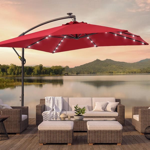 JOYESERY 8.2 ft. Solar LED Steel Pole and Ribs Square Outdoor Cantilever Offset Hanging Patio Umbrellas in Red
