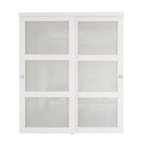 72 in. x 80 in. 3-Lites White Frosted Glass MDF Finished Closet Sliding Door with Hardware Kit