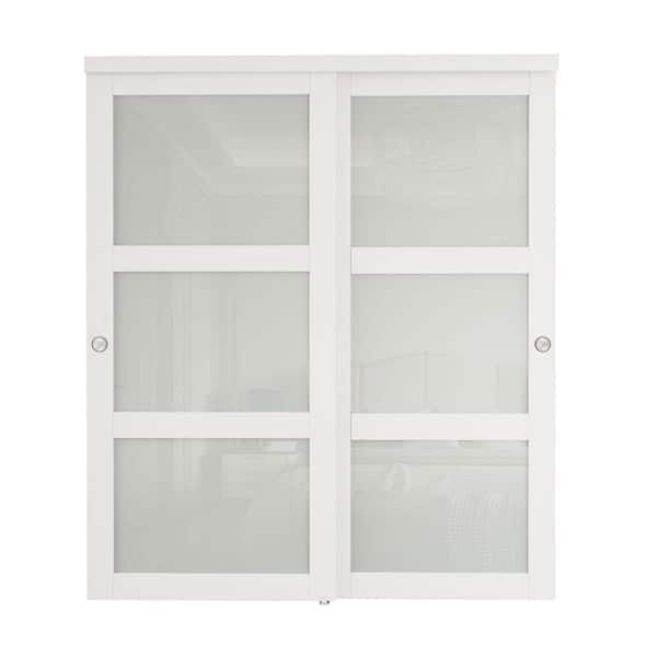 72 in. x 80 in. 3-Lites White Frosted Glass MDF Finished Closet Sliding Door with Hardware Kit