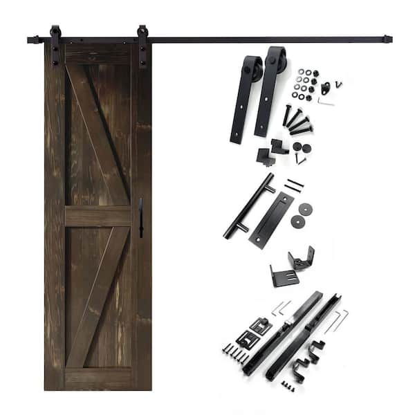 HOMACER 26 in. x 84 in. K-Frame Ebony Solid Pine Wood Interior Sliding Barn Door with Hardware Kit, Non-Bypass