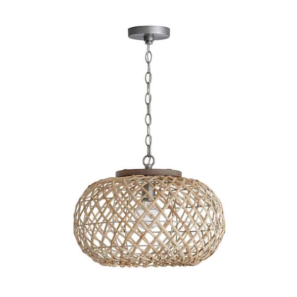 Rainey 18.5 in. W x 14 in. H 1-Light Natural Rattan Pendant in Grey Wash Wood and Antique Nickel