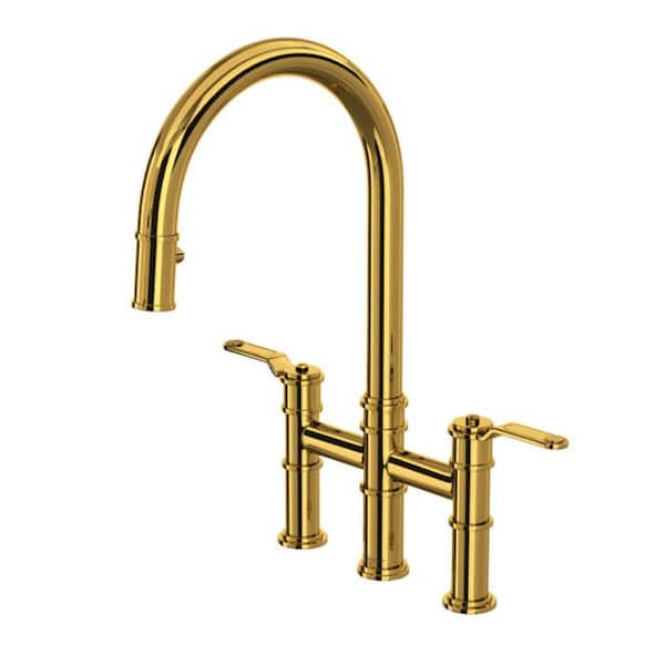 ROHL Armstrong Double Handle Bridge Kitchen Faucet in Unlacquered Brass
