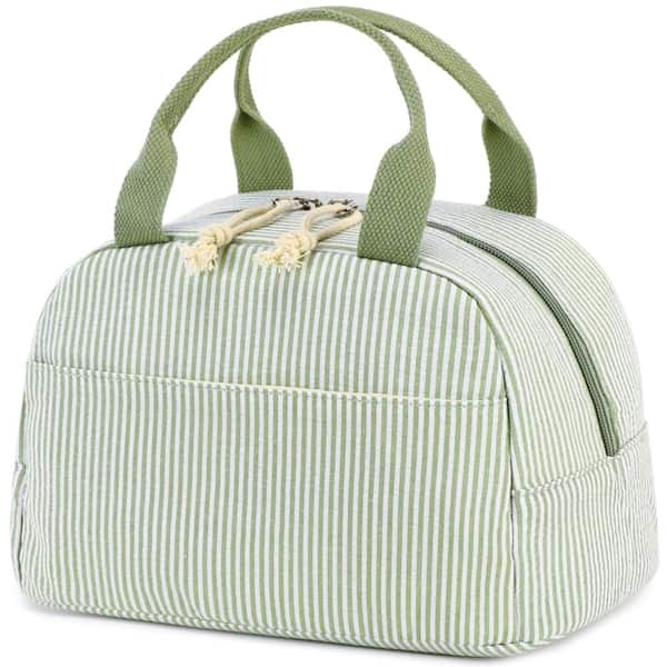 10.6 in. Insulated Lunch Bag with Front Pocket Sage Green White Stripes 1 Piece