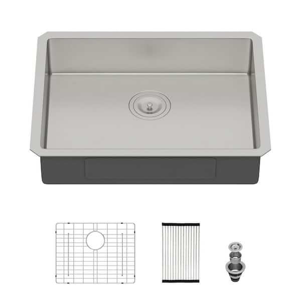 23 in. Undermount Single Bowl 16 Gauge Brushed Nickel Stainless Steel Kitchen Sink Basin with Drain, Rolling Drying Rack