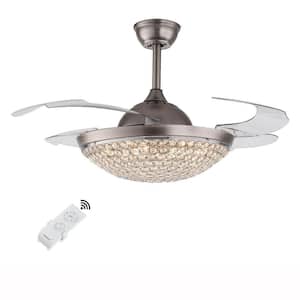 42 in. Modern Indoor Integrated LED Crystal 4 Retractable Blades 3 Speeds 3 Colors Silent Silver Ceiling Fan with Light