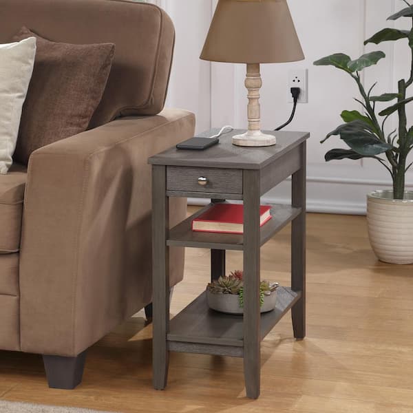 Convenience Concepts American Heritage 11.25 in. W Wirebrush Dark Gray Rectangular Wood Veneer End Table with Charging Station