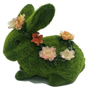 Solar 8 in. Grassy Bunny Rabbit with Flowers Statue in Green