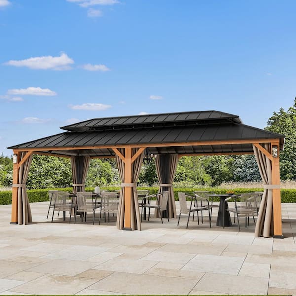 Ultra Series 12 ft. x 24 ft. Permanent Hardtop Gazebo with Solar LED Lights, Mosquito Nettings, Wood Looking