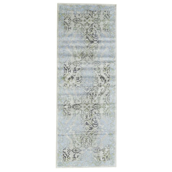 2 x 7 Blue, Gray, Green Floral Runner Rug