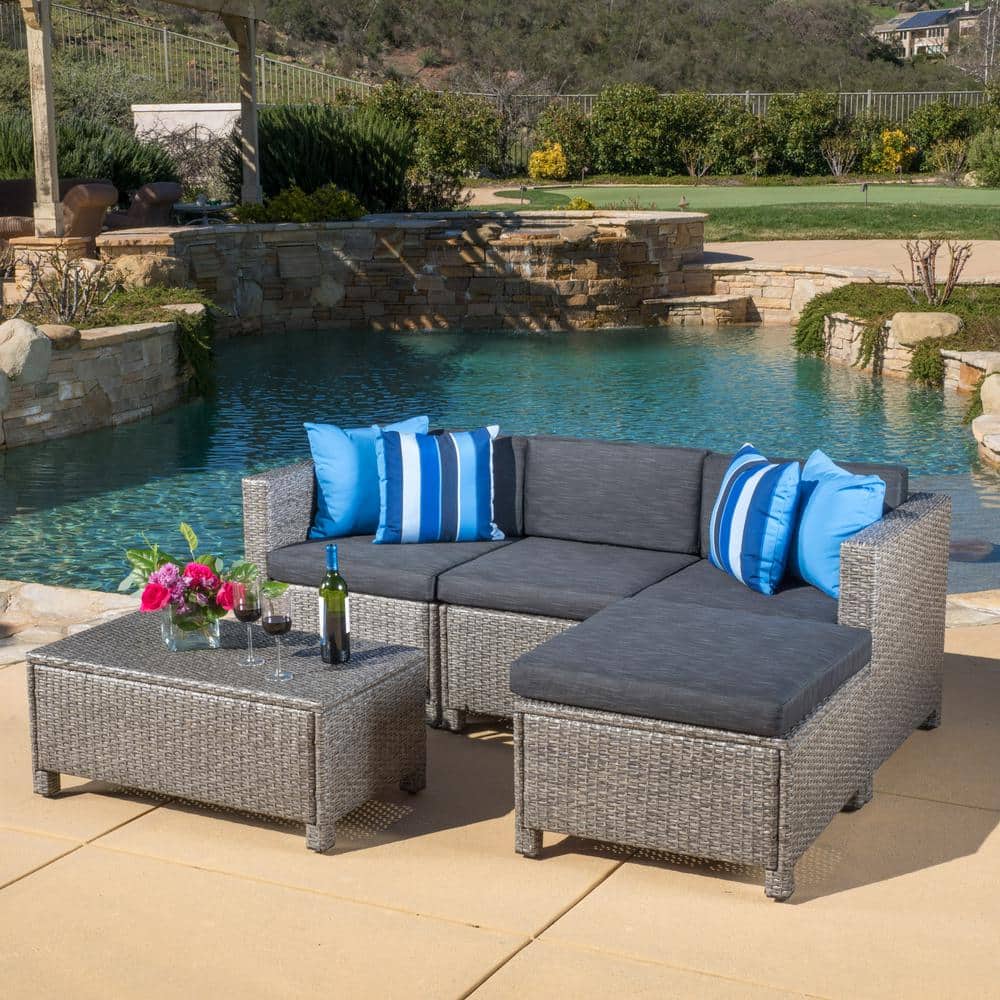 Noble House Puerta Gray 5-Piece Wicker Outdoor Sectional with Black Cushions - 1