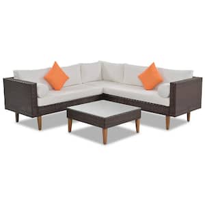 Anky Brown 4-Piece Wicker Patio Conversation Set with Beige Cushions
