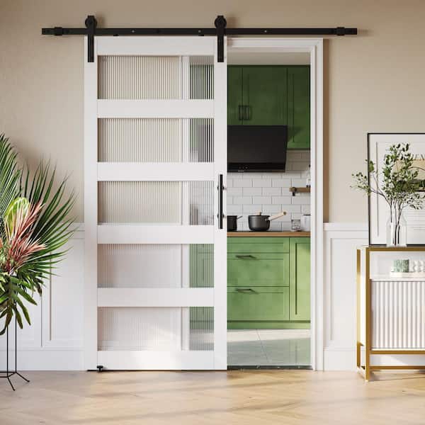 Bestier 36 in. x 84 in. 5 Lite Frosted Glass White Finished MDF Sliding Barn Door Slab with Hardware Kit and Handle and Lock
