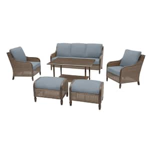 Windsor 6-Piece Brown Wicker Outdoor Patio Conversation Seating Set with Sunbrella Denim Blue Cushions