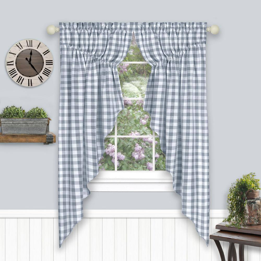 Gray Buffalo Check Light Filtering Cotton Polyester Swag Curtains, 63 x 72