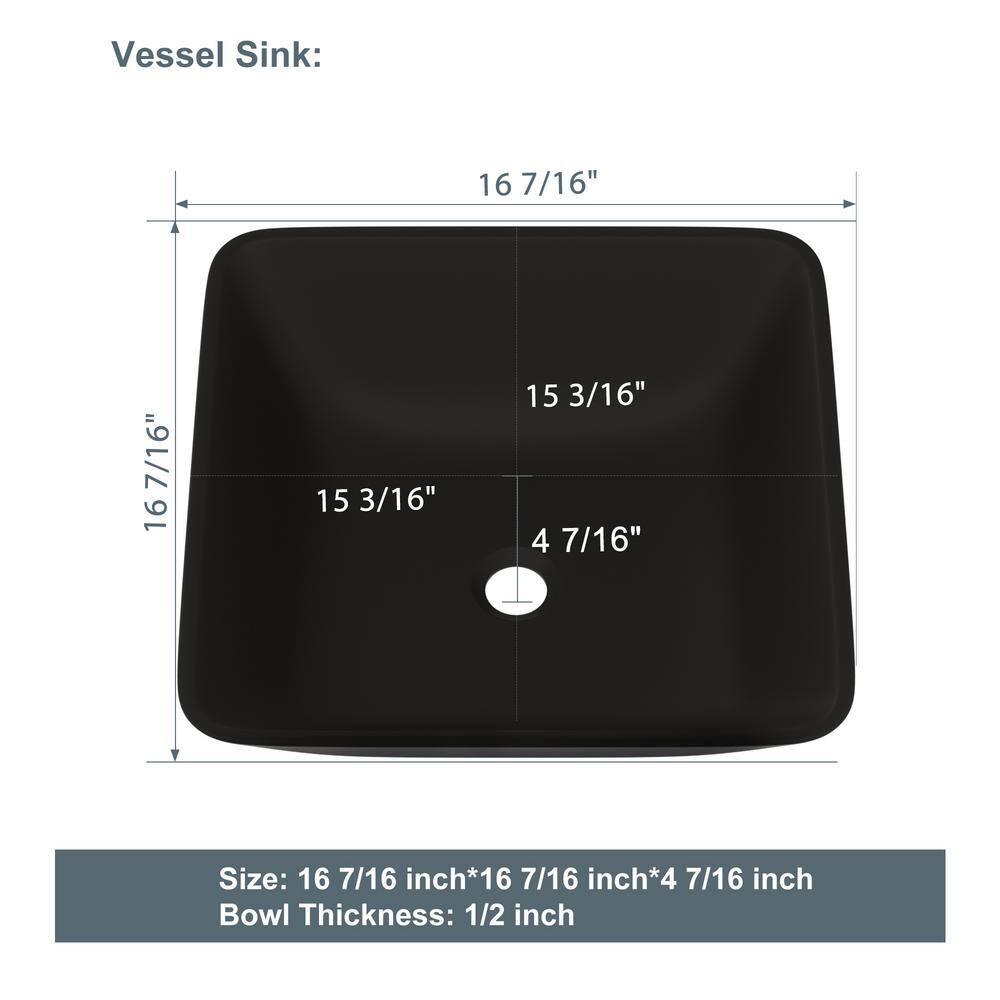 16" Square Matte Black Tempered Glass Vessel Sink