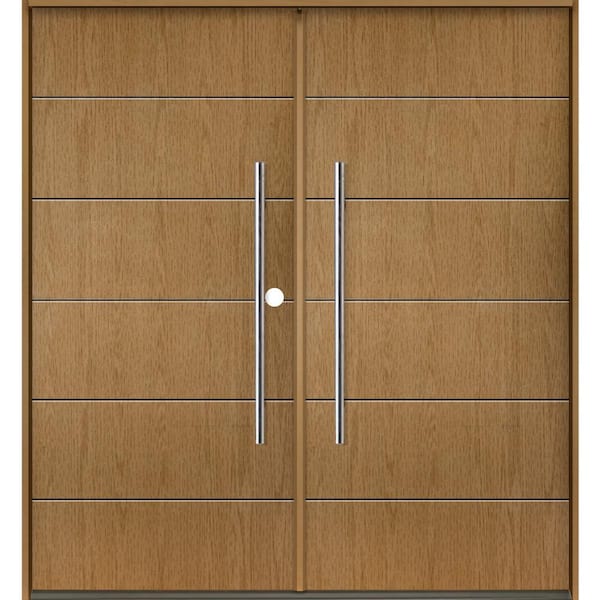 Krosswood Doors TETON Modern Faux Pivot 72 in. x 80 in. Left-Active/Inswing Bourbon Stain Double Fiberglass Prehung Front Door
