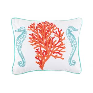 Sunset Bay Aqua, Orange, Coral and White Seahorse, Coral Embroidered 14 in. x 18 in. Throw Pillow