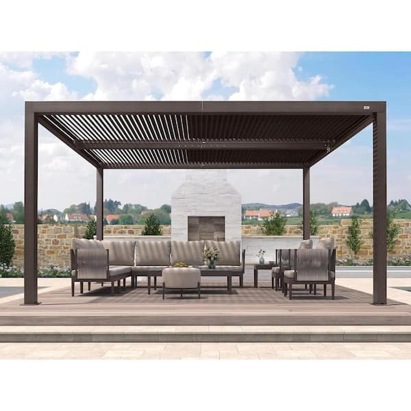 PURPLE LEAF 10 ft. x 14 ft. Bronze Aluminum Frame Outdoor Louvered Pergola Hardtop Gazebo with Adjustable Roof for Garden Backyard