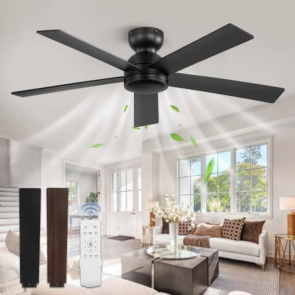 48 in. Indoor/Covered Outdoor Black 6-Speed Low Profile Ceiling Fan without Light with Remote Control Included
