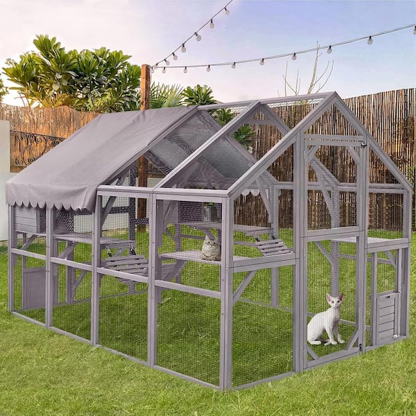 Unbranded 110.2 in. W Large Cat Run Wooden Cat Houses Outdoor Enclosure Cat Cage Kitten Condo-Backyard Run Cage for Pets in Gray