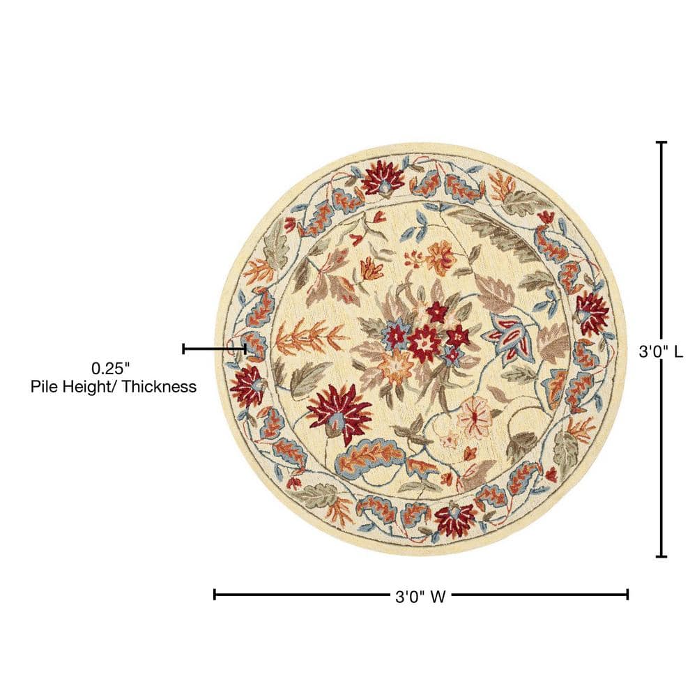 Ivory Floral Handmade Tufted Wool Round Rug 36"