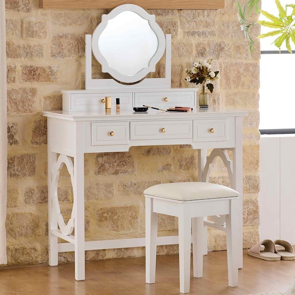 2-Piece White Makeup Vanity Set with Reversible Mirror and Stool