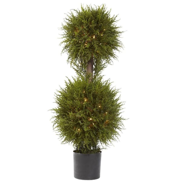Nearly Natural 40 in. Artificial Cedar Double Ball Topiary with Lights