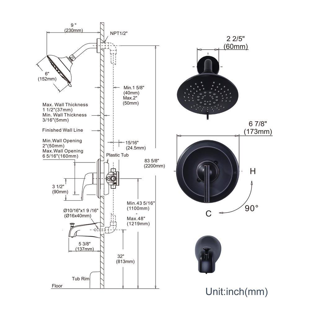 Oil Rubbed Bronze Wall Mounted Shower System with Tub Spout