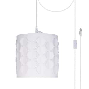 1-Light White Plug-In Swag Pendant with Off White Hardback Drum Fabric Shade
