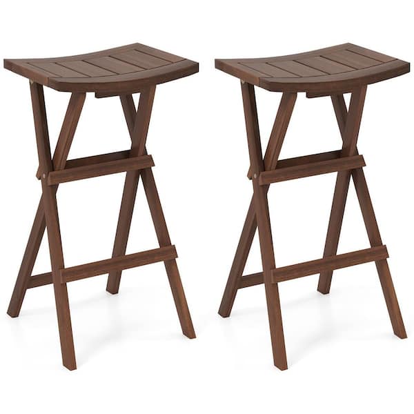 30 in. H Brown Backless Wood Folding Bar Height Bar Stools w/ Saddle Seat and Footrest Set of 2
