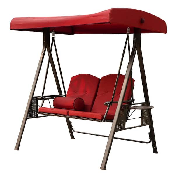 Willit 2-Person Metal Patio Swing with Red Adjustable Canopy, Pillow, Removable Cushions