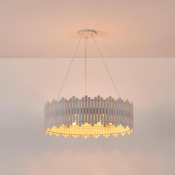 30.5 in. 6-Light Antique White Bamboo Drum Pendant Light with Adjustable Hanging Height