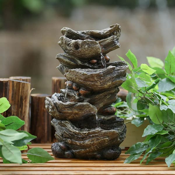 9 in. x 5 in. x 14 in. Brown 4-tiered Polyresin Cascading Rock Tabletop Stone-Look Water Fountain with LED Light