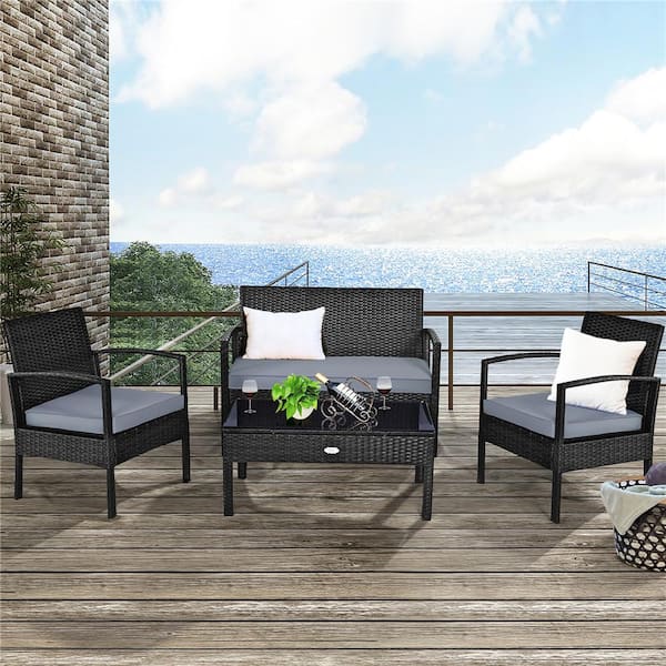 4-Piece Wicker Patio Conversation Set with Gray Cushions