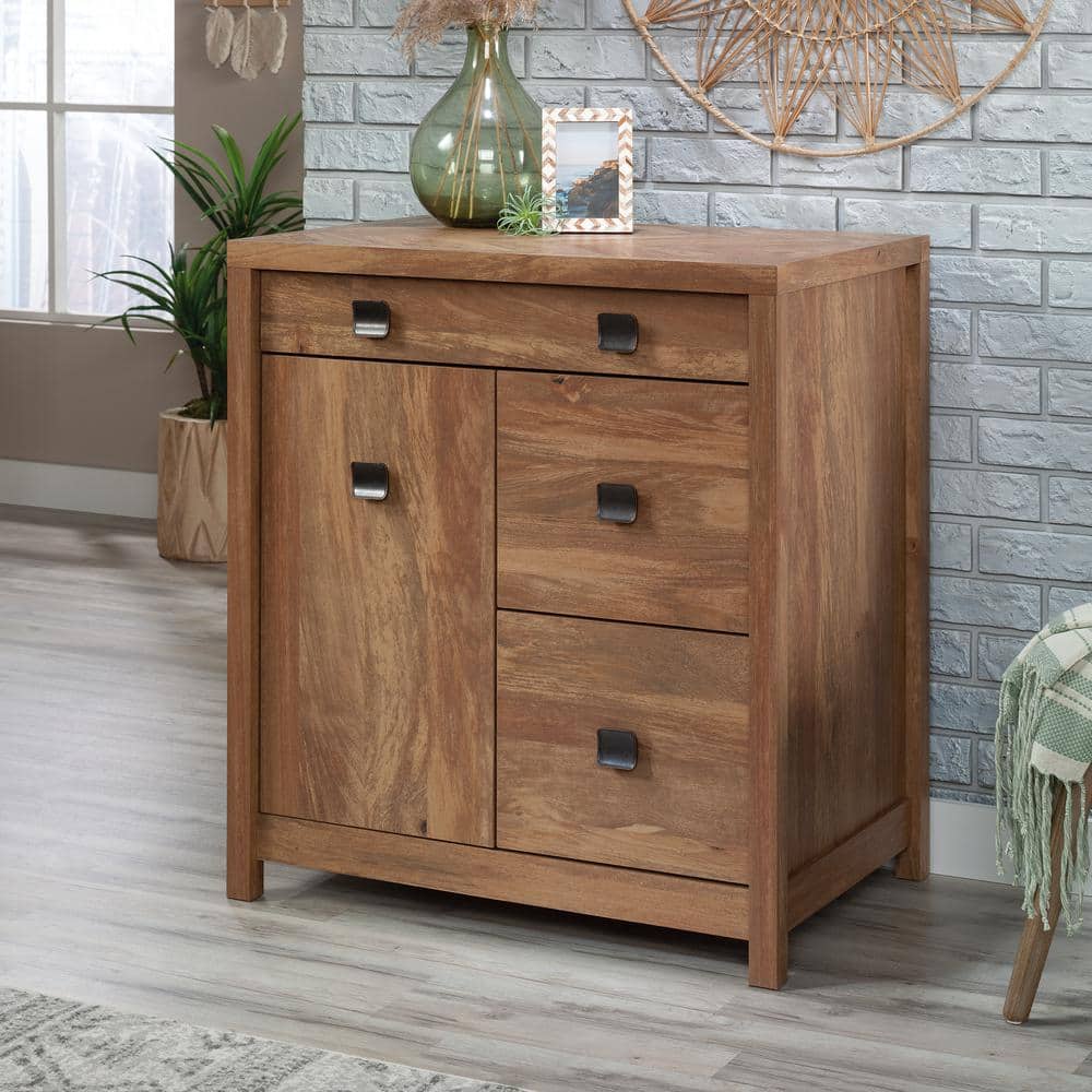 Small Brown Wood Credenza with Drawers and Keyboard Tray