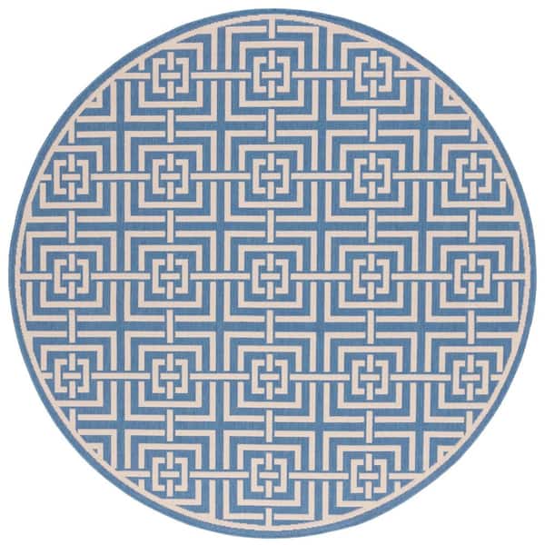 SAFAVIEH Beach House Blue/Creme 7 ft. x 7 ft. Round Geometric Fretwork Indoor/Outdoor Area Rug