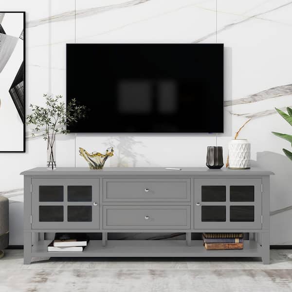 Seafuloy 59.10 in. Gray TV Stand Fits TVs up to 60 in. Entertainment Center with 2 Cabinets, 2 Drawers and 3 Open Shelves