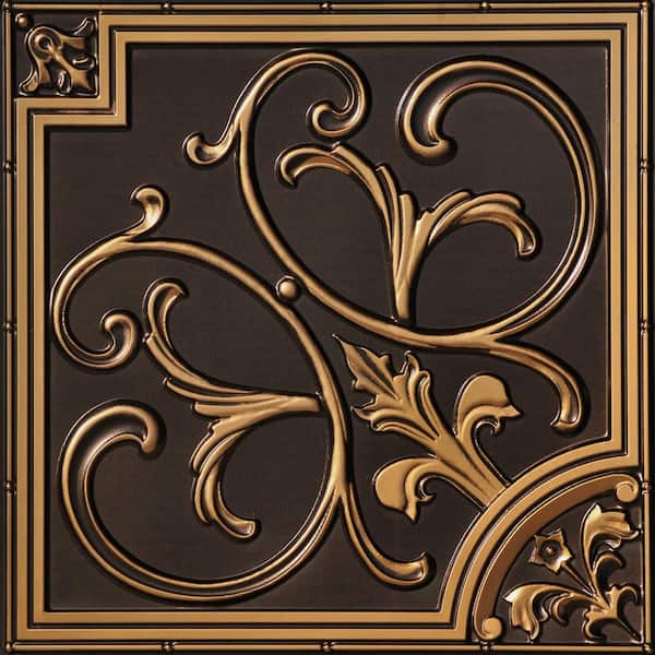 Lilies and Swirls Antique Gold 2 ft. x 2 ft. PVC Glue-Up or Lay-In Faux Tin Ceiling Tile (200 sq. ft. /Case)