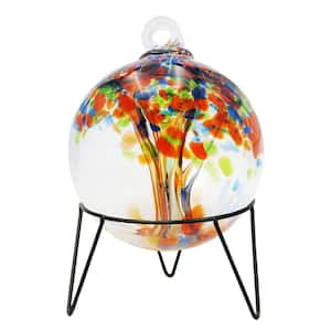 Tree Of Life 8 in. Multi-Color Royal Hand-Blown Glass Ball with Metal Antique Bronze Finish Stand
