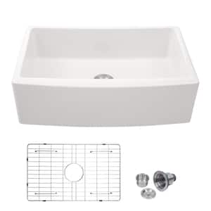 White Ceramic 30 in. Single Bowl Farmhouse Apron Kitchen Sink with Bottom Grid and Drain Assembly