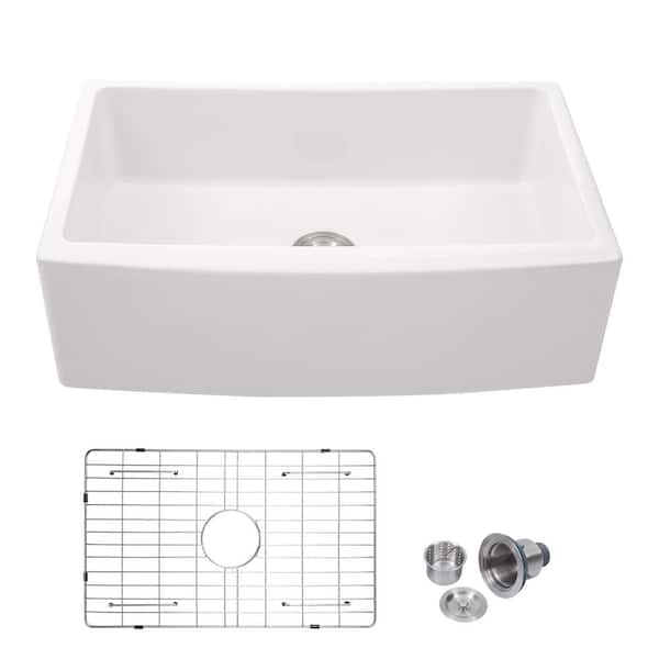 Sarlai White Ceramic 30 in. Single Bowl Farmhouse Apron Kitchen Sink with Bottom Grid and Drain Assembly